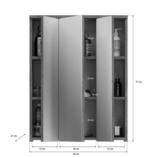 Dreitüriger Spiegelschrank in Holzoptik mit Maßangaben: 60 Zentimeter Breite, 77 Zentimeter Höhe und 21 Zentimeter Tiefe.