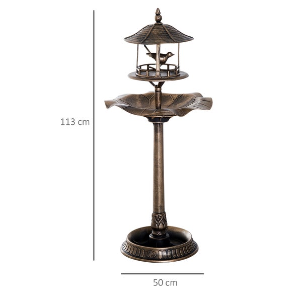 Vogeltränke und Futterstation aus Metall in Bronze-Optik mit kleiner Vogel-Figur, Höhe 113 Zentimeter, Breite 50 Zentimeter.