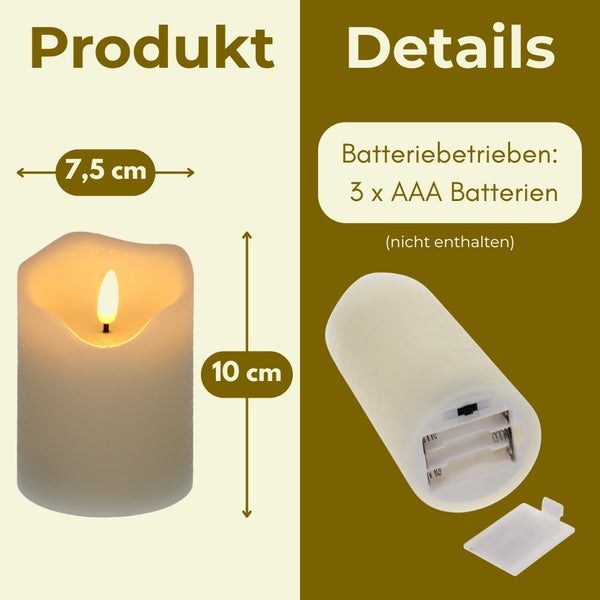 LED-Echtwachskerze mit Maßen 7,5 Zentimeter Breite und 10 Zentimeter Höhe, batteriebetrieben mit 3 AAA Batterien, Detailansicht Batteriefach.