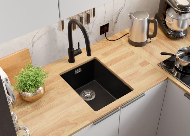PRIMAGRAN Unterbauspüle Granit Alles Schwarz 36x47cm, Spülbecken 1 Becken + Ablauf-Set, Granitspüle ab 40er Unterschrank - London