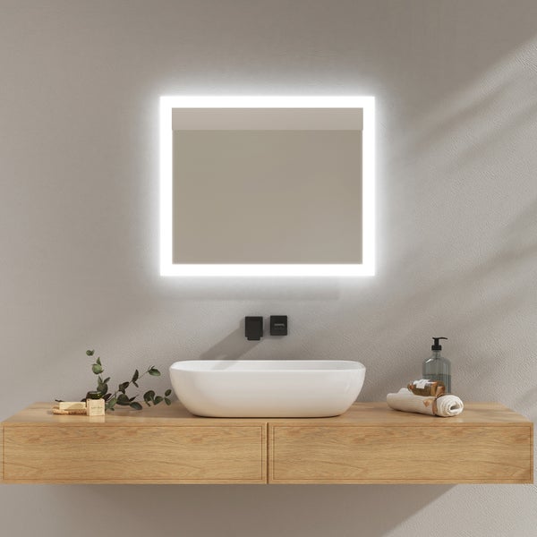 EMKE Badspiegel mit Beleuchtung 50 x 60 cm, LED-Spiegel mit Kippschalter, Anti-Beschlag, Kaltweiß/Warmweiß, Mattierter Rand