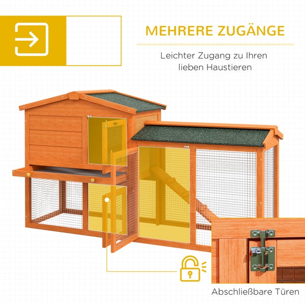 PawHut Hasenstall 2 Ebenen Kaninchenstall aus Tannenholz Winterfest Doppelstockhaus mit Freilaufgehege Wanne Rampe 150x45x85 cm Kaninchenkäfig Outdoor Kleintierstall für Hasen Meerschweinchen Orange