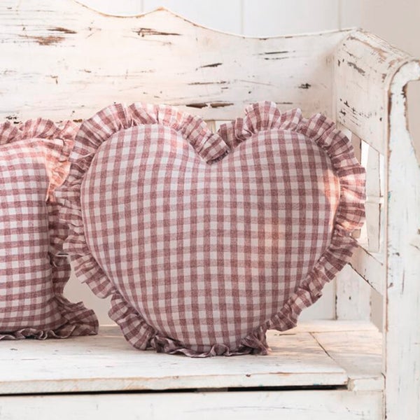 FRANK FLECHTWAREN|Herzkissen Vintage Karo, 35 x 35 cm, BAUMWOLLE, LEINEN, POLYESTER