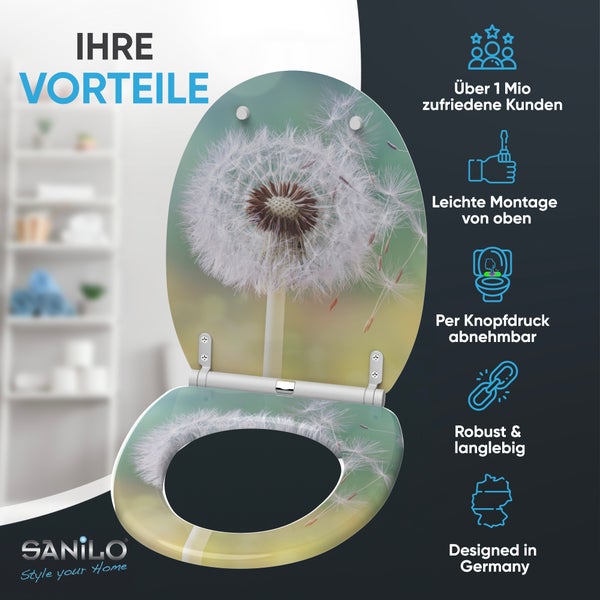 Sanilo Toilettensitz mit Pusteblume. Vorteile: Montage von oben, per Knopfdruck abnehmbar, robust, langlebig und in Deutschland entworfen.