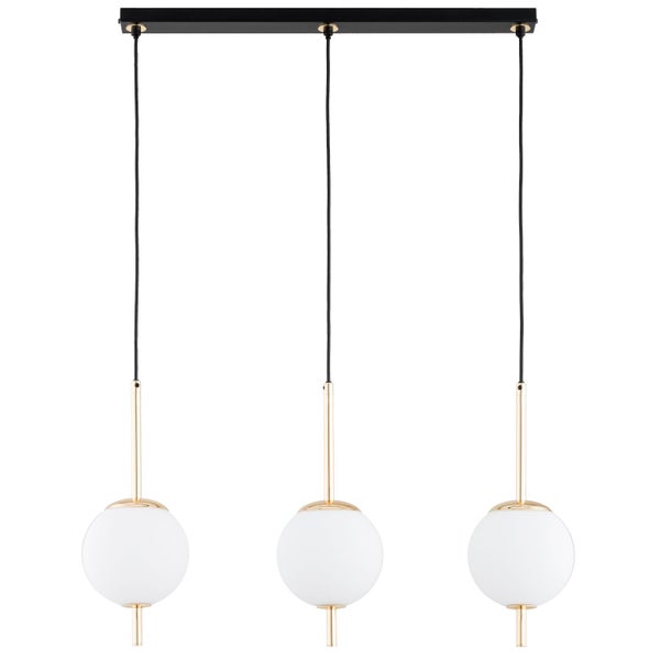 Moderne dreiflammige Pendelleuchte mit kugelformigen Glasschirmen und metallischen Elementen an einer rechteckigen Deckenhalterung
