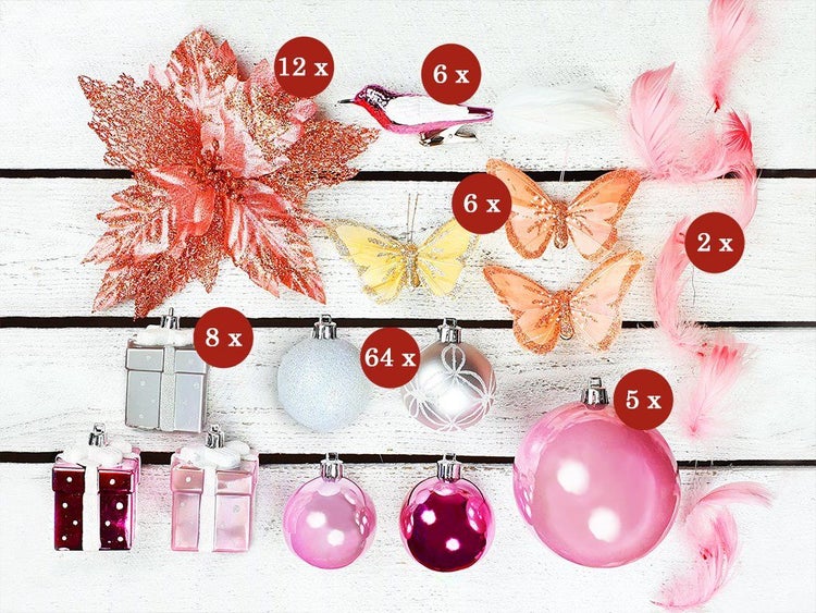 Weihnachtsbaumschmuck Set bestehend aus Kugeln, Geschenkboxen, Dekovögeln, Schmetterlingen und Federn für eine festliche Weihnachtsdekoration.
