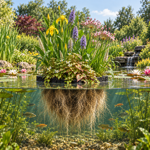 Schwimmende Pflanzinsel mit vielfältigen Teichpflanzen und Wurzeln unter Wasser, umgeben von Fischen in einem natürlichen Gartenteich.