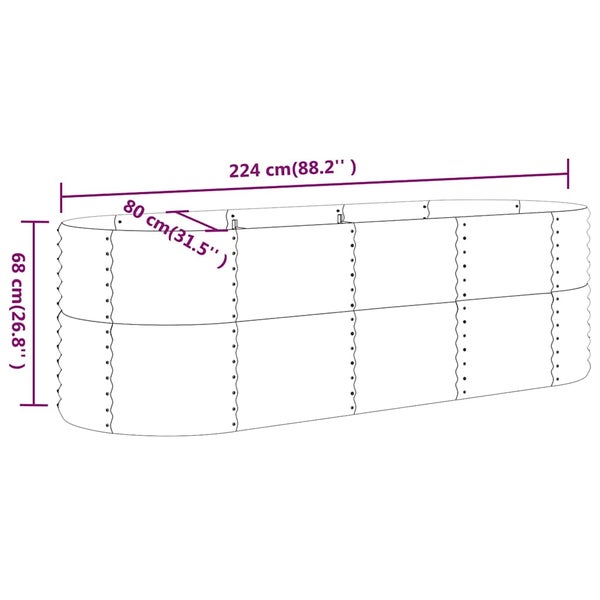 Strichzeichnung eines ovalen Hochbeets mit Maßen 224 Zentimeter Länge 80 Zentimeter Breite und 68 Zentimeter Höhe
