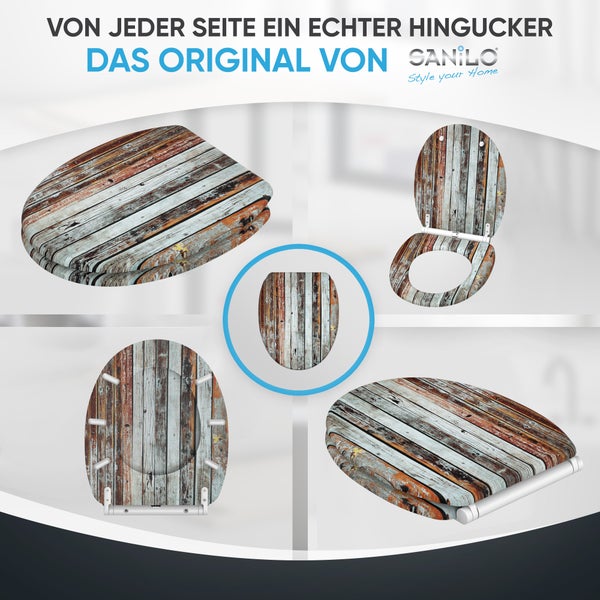 Sanilo WC Sitz mit Holzoptik Muster in verschiedenen Perspektiven dargestellt