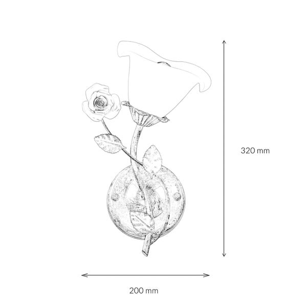 Wandleuchte mit Rosenmotiv, 320 mm hoch und 200 mm breit.