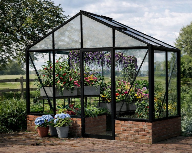 Gewächshaus mit schwarzem Metallrahmen und Glasscheiben auf einem Backsteinsockel, gefüllt mit blühenden Pflanzen und Blumen.