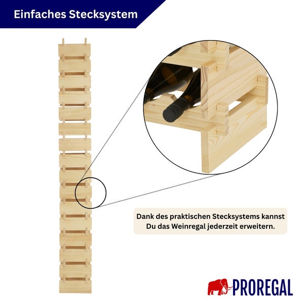 Erweiterbares Weinregal aus Holz mit einfachem Stecksystem, Detailansicht der Steckverbindung mit Weinflaschen.