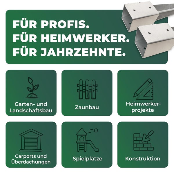 Zwei Pfostenträger aus Metall mit Einsatzgebieten wie Gartenbau, Zaunbau, Heimwerkerprojekte, Carports, Spielplätze und Konstruktion.