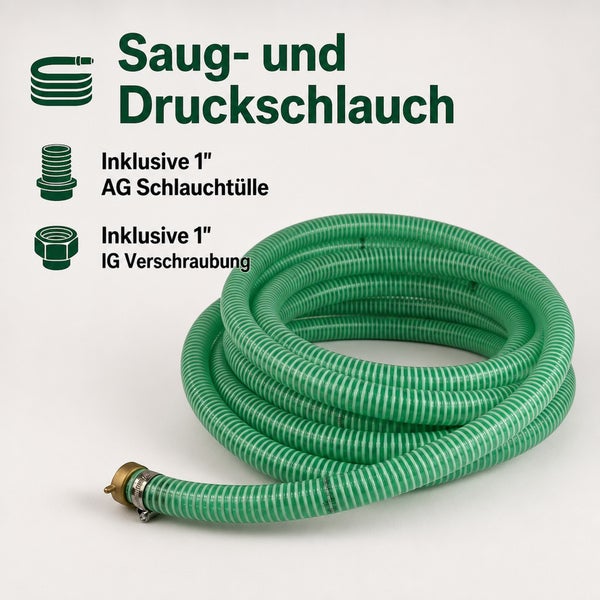 Saug- und Druckschlauch inklusive 1 Zoll Außengewinde Schlauchtülle und 1 Zoll Innengewinde Verschraubung für Pumpen.