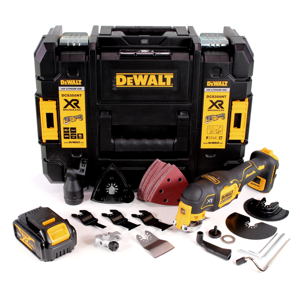 DeWalt Akku-Multitool 18 Volt mit Werkzeugkoffer, Akku und reichhaltigem Zubehör wie Schleifplatten und Sägeblättern.