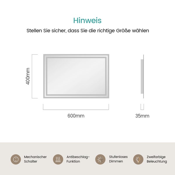 EMKE Badspiegel mit Beleuchtung 60 x 40 cm, Warmweiß/Kaltweiß, seitlicher Kippschalter, beschlagfrei, Aluminiumrahmen, IP44, für Badezimmer