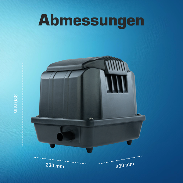 Abmessungen des schwarzen Kunststoffgehäuses: Höhe 320 Millimeter, Breite 230 Millimeter und Tiefe 330 Millimeter.