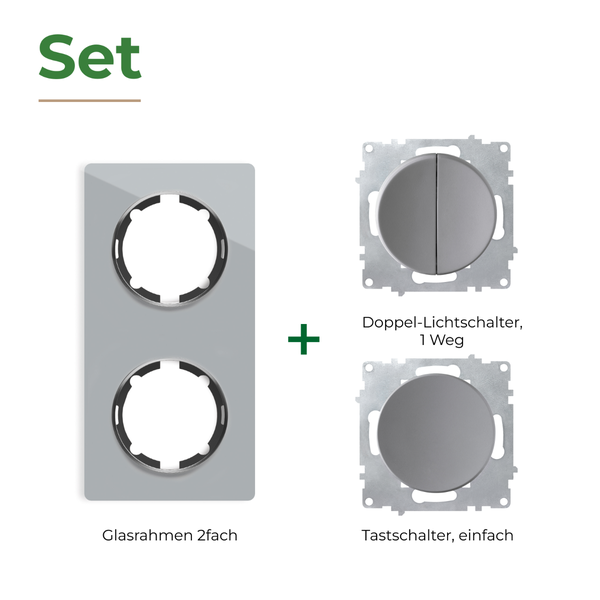 Set bestehend aus einem zweifachen Glasrahmen, einem Doppellichtschalter und einem einfachen Tastschalter zur Unterputzmontage.