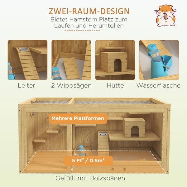 PawHut Hamsterkäfig aus Holz, 100 cm Kleintierstall, Kleintierkäfig Spielhaus für Gerbils Nagerkäfig mit Schaukeln, Leitern, zu öffnendes Dach, Hütte, Natur