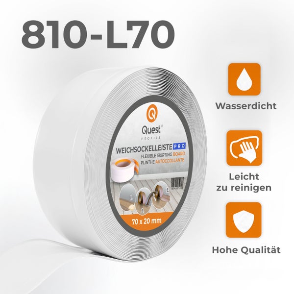 Quest Weichsockelleiste 810 L70 auf Rolle für Bodenbeläge, wasserdicht und leicht zu reinigen, Maße 70 mal 20 Millimeter.