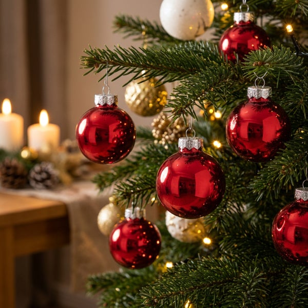 Weihnachtsbaum mit roten glänzenden Christbaumkugeln und Lichterkette