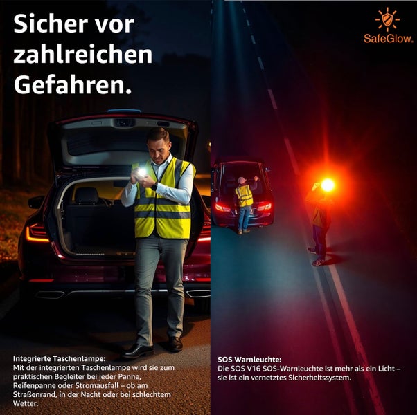 Sichere Situationen mit Taschenlampe und SOS Warnleuchte von SafeGlow, für Pannen und Notfälle.