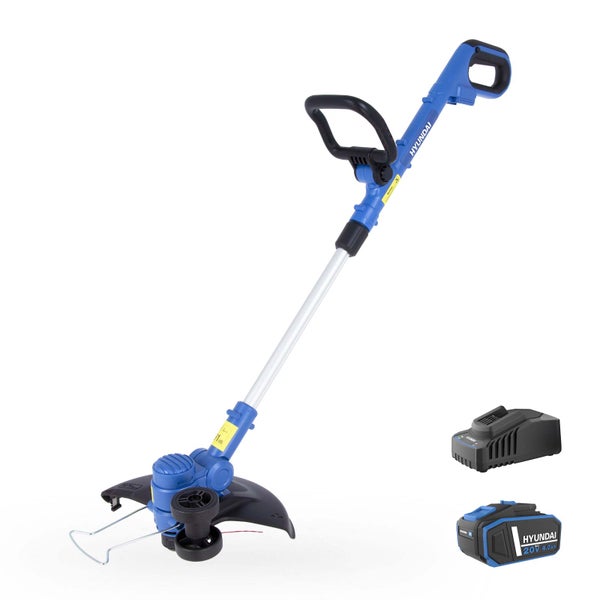 Hyundai Akku-Rasentrimmer mit verstellbarem Griff, Führungsrad, Pflanzenschutzbügel, 20 Volt Akku und Ladegerät.