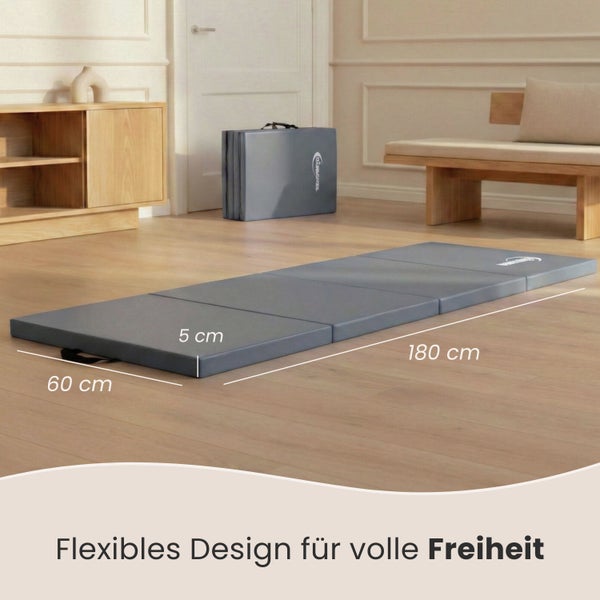 Graue Klappmatratze mit den Maßen 180 cm x 60 cm x 5 cm im ausgeklappten Zustand