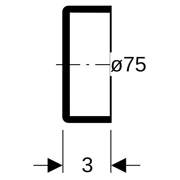 Maßzeichnung eines Profils mit einem Durchmesser von 75 Millimetern und einer Stärke von 3 Millimetern.