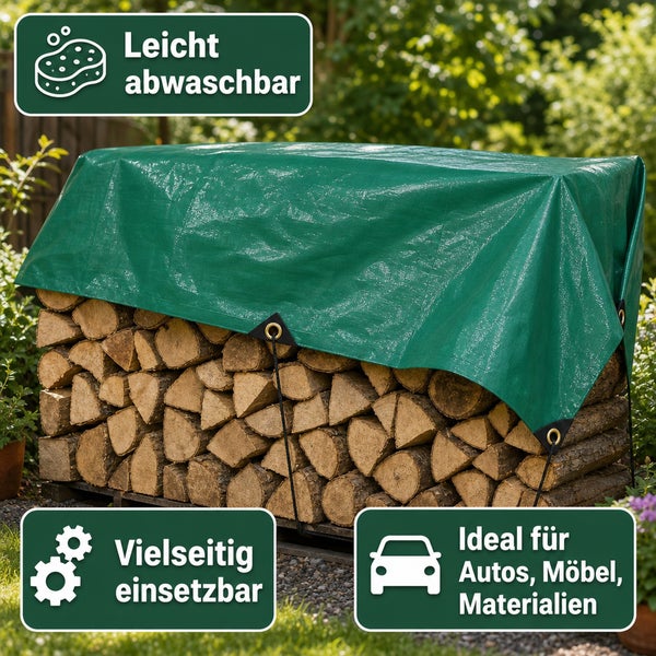 Abdeckplane für Holzstapel mit Ösen, leicht abwaschbar und vielseitig einsetzbar für Fahrzeuge und Gartenmöbel.