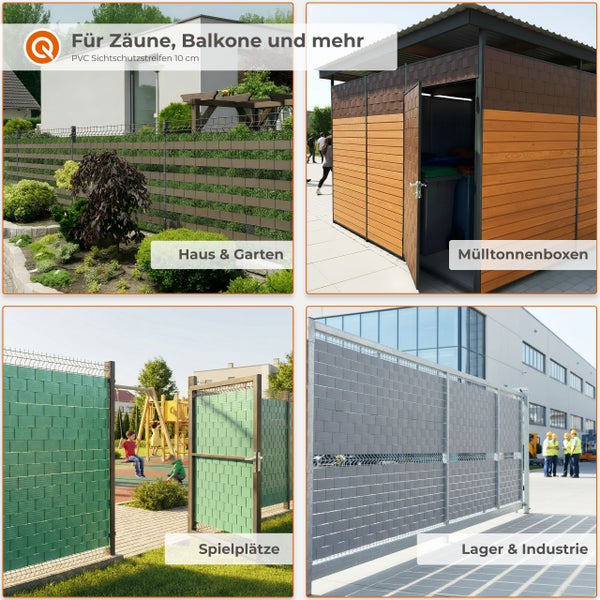 Anwendung von PVC-Sichtschutzstreifen 10 Zentimeter an Gartenzaun, Mülltonnenbox, Spielplatz und Industrietor.
