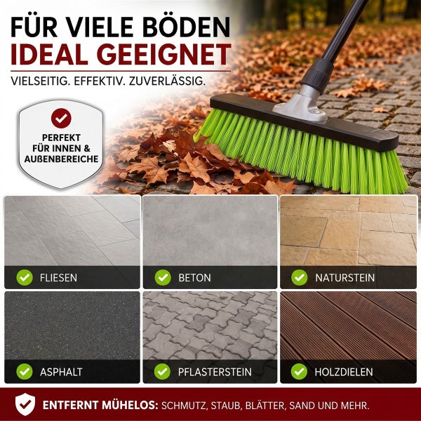 Ein Straßenbesen kehrt Laub von einem Pflasterweg. Die Grafik zeigt die Eignung für Fliesen, Beton, Naturstein, Asphalt, Pflasterstein und Holz.