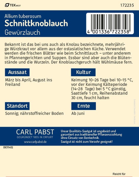 Rückseite der Saatgutpackung für Schnittknoblauch von Carl Pabst mit Informationen zu Aussaat, Kultur, Standort und Ernte sowie Carl Pabst Logo.
