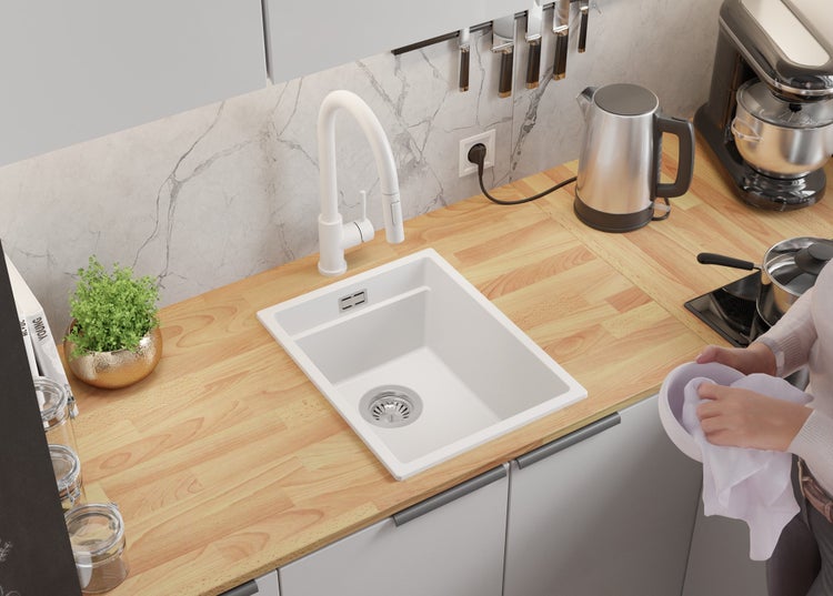 PRIMAGRAN Spülbecken Weiß 36x47cm, Granitspüle 1 Becken + Ablauf-Set + Aufrollbare Abtropffläche, Küchenspüle ab 40er Unterschrank - Praga Slim
