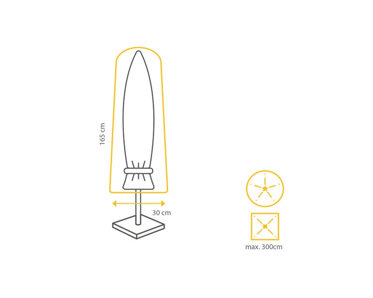 Abmessungen einer Sonnenschirm Schutzhülle: Höhe 165 Zentimeter, Durchmesser 30 Zentimeter, maximal 300 Zentimeter