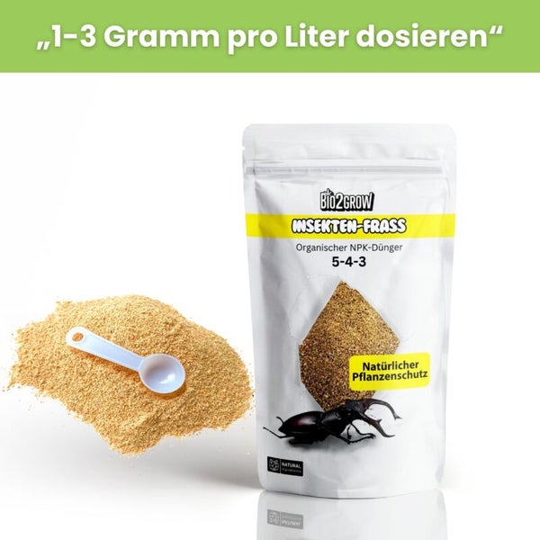 Bio2Grow Insektenfrass organischer NPK Dünger 5-4-3 mit Dosierhinweis und Messlöffel