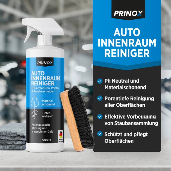 Prinox® Profi Auto Innenraum Reiniger Set 500ml - Cockpitpflege Auto für die Innen Reinigung von Kunststoff, Polster, Leder & Armaturen - Autopflege Innenraumreiniger mit Bürste - Cockpit Reiniger