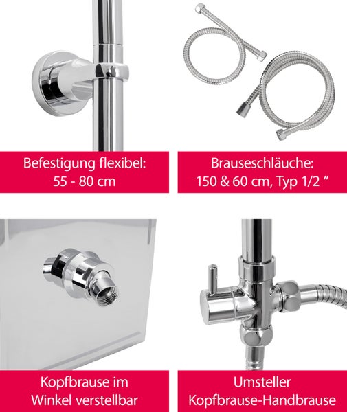 aquaSu® Basic Duschsystem 914 | Ø 7,5 cm Handbrause mit Regenstrahl | Ø 20 x 20 cm Kopfbrause | Anti-Kalk | Wassersparend | 95 cm Duschstange | Metall-Brauseschläuche Typ 1/2  | Chrom | 727914