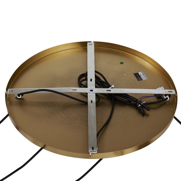 Unterseite einer runden Deckenleuchte mit Kabeln und Befestigung