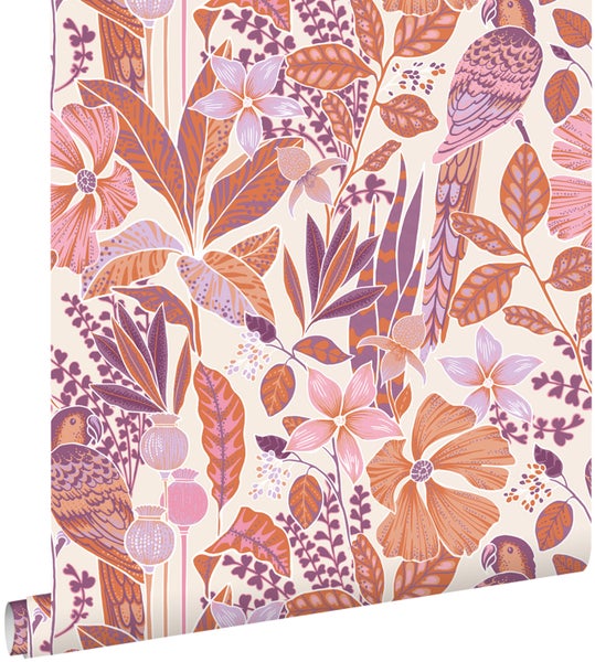 ESTAhome Tapete tropischen Blumen und Paradiesvögeln Orange und Lila - 50 x 900 cm - 131155