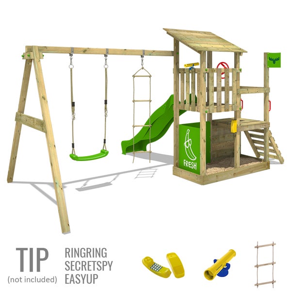 FATMOOSE Spielturm Klettergerüst FruityForest mit Schaukel und Rutsche, Kletterturm mit Sandkasten, Leiter und Spiel-Zubehör - apfelgrün