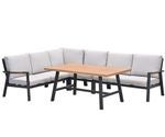 Garten-Lounge-Set aus Metall mit Ecksofa, Polstern und einem Tisch mit Holzplatte.