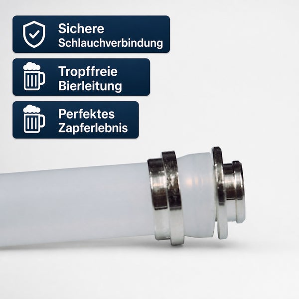 Bierschlauch mit Anschlussstücken und Hinweisen zu sicherer Schlauchverbindung, tropffreier Bierleitung und perfektem Zapferlebnis.