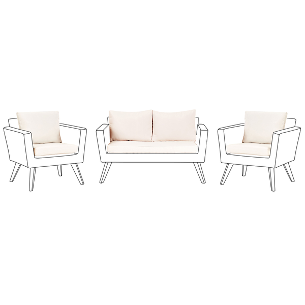 Gartenmöbel-Set aus Rattan mit zwei Sesseln, einer Bank und einem Tisch