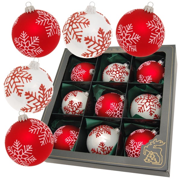 Rot/Weiß 8cm Glaskugelset, mundgeblasen, handdekoriert mit Schneeflocken, 9 Stck., Weihnachtsbaumkugeln, Christbaumschmuck, Weihnachtsbaumanhänger