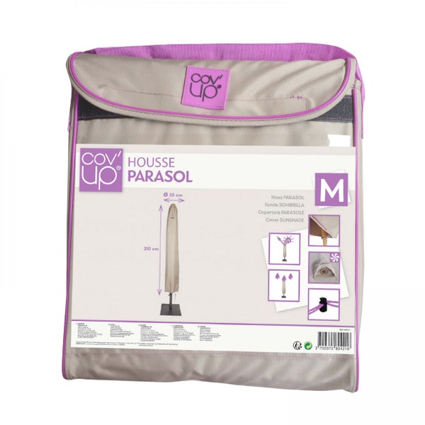 Sonnenschirmhülle Cov'Up Größe M, 210 mal 35 Zentimeter, grauer Polyester, Ultraviolett-Schutz und Belüftungssystem.