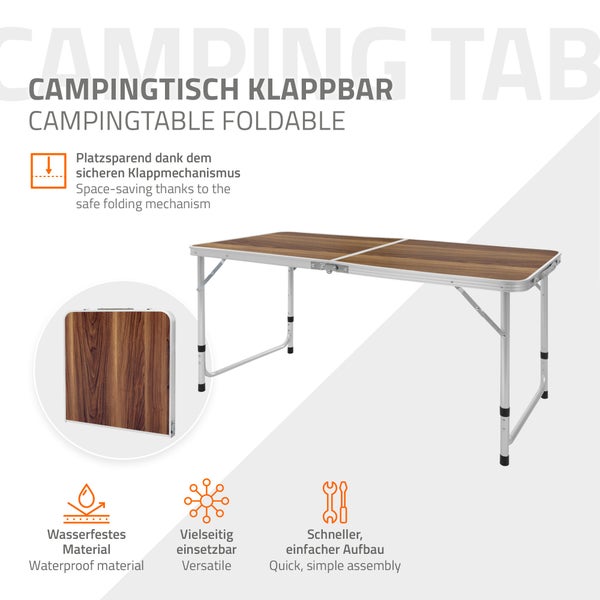 ECD Germany Campingtisch Klapptisch mit Tragegriff 120x60x55/63/70 cm Braun aus Aluminium und MDF Holzdekor höhenverstellbar klappbar - Falttisch Gartentisch Balkontisch Reisetisch Arbeitstisch Tisch