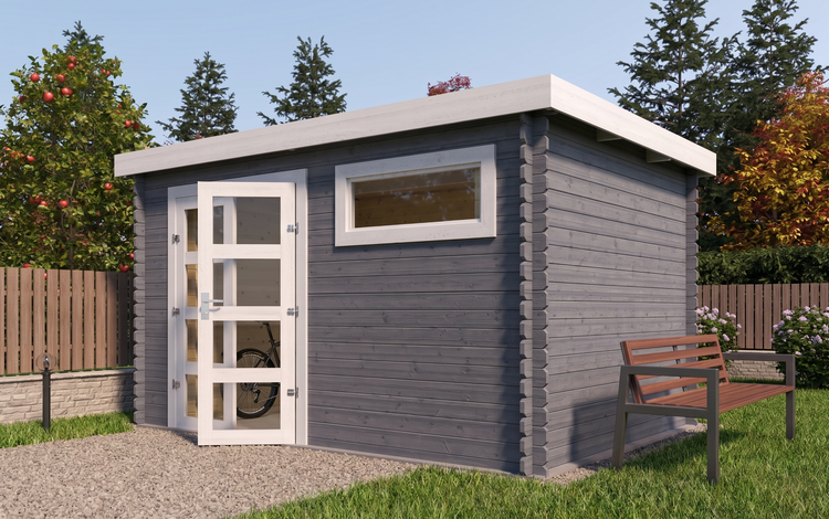 Modernes Gartenhaus aus Holz mit Pultdach, grauen Wänden und weißen Akzenten an Doppeltür und Fenster in einem Garten.