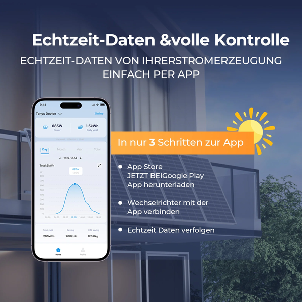 Smartphone mit App zur Echtzeit-Überwachung der Stromerzeugung von Balkonkraftwerken mit Anzeige von Leistung und Ertrag.