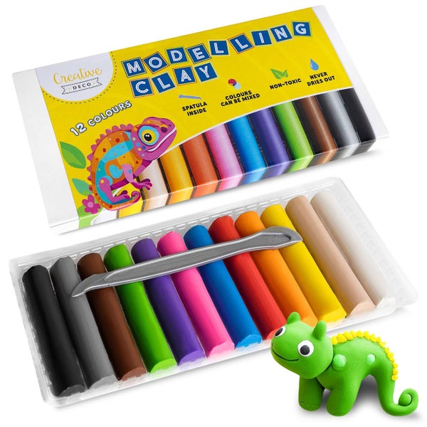 Creative Deco Knetmasse-Set, 12 Farben, ungiftig, trocknet nicht aus. Inklusive Spachtel, Chamäleon-Verpackung und kleiner Knetfigur.